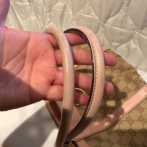 š„³HPš„³ Gucci GG pink bubble gum and tan canvas small leather trim tote bag - Picture 16 of 16